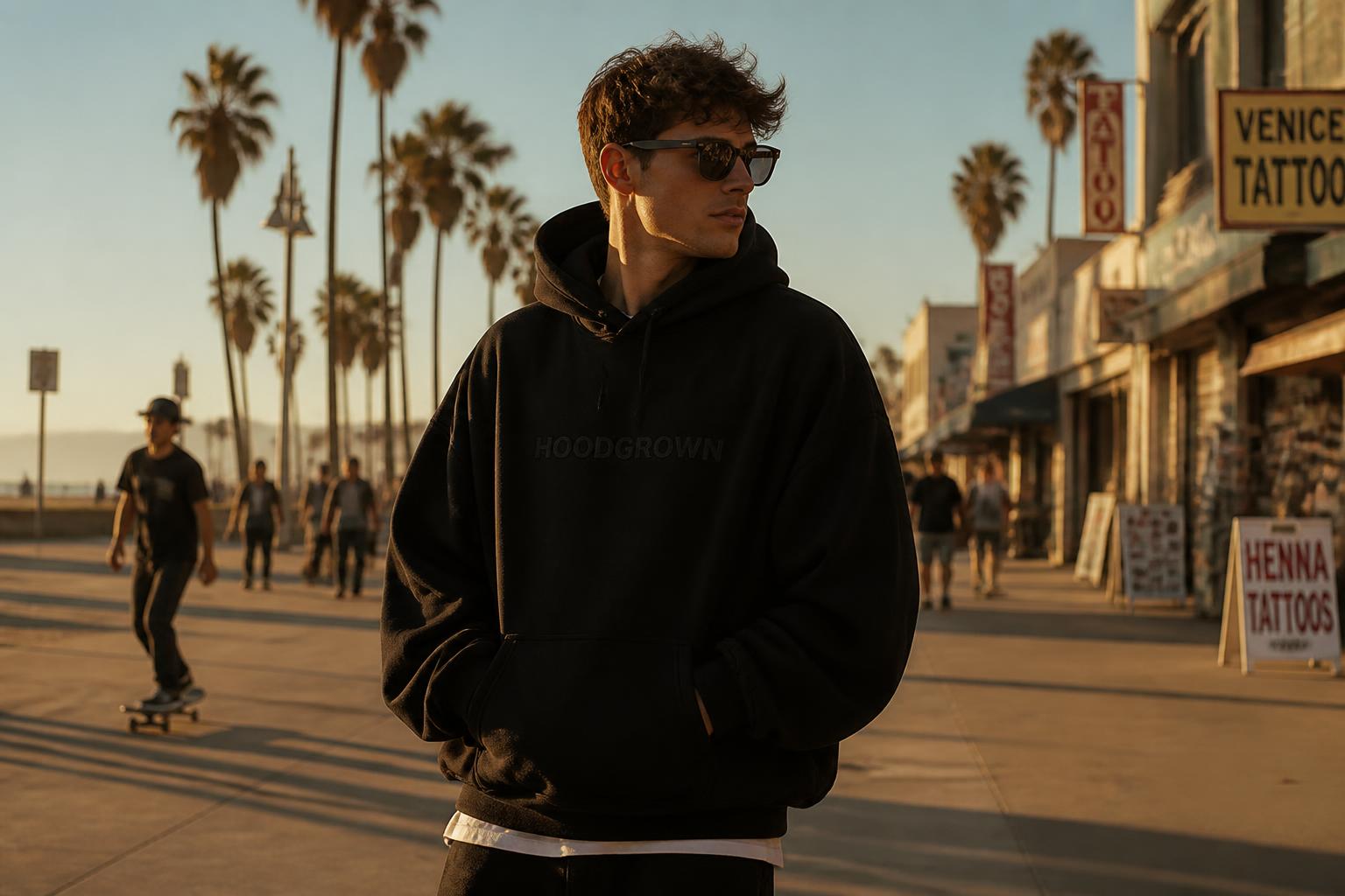 Hoodgrown on the Venice Beach boardwalk at golden hour