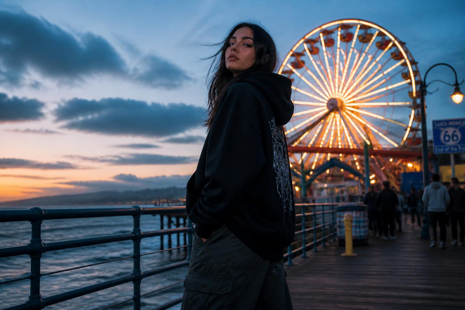 Hoodgrown by the Santa Monica Pier ferris wheel at dusk