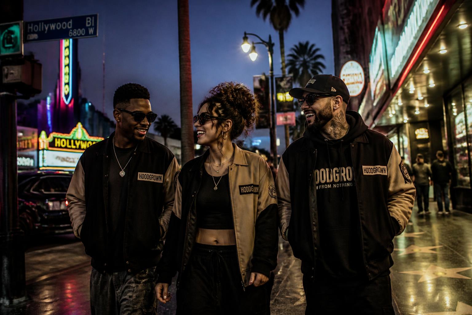 Hoodgrown crew on Hollywood Boulevard at night