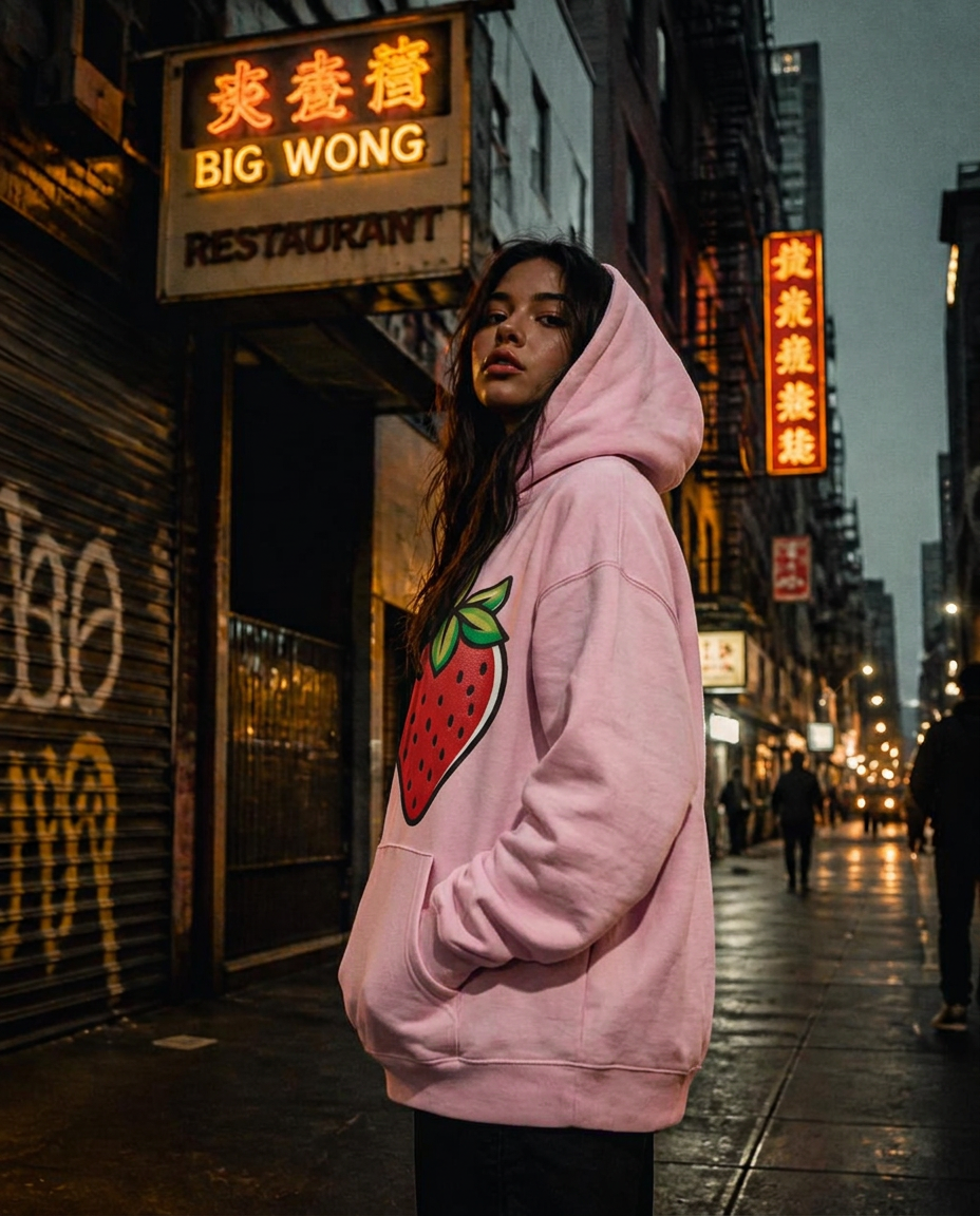 Young woman in an oversized black Hoodgrown hoodie on a neon-lit city street at dusk